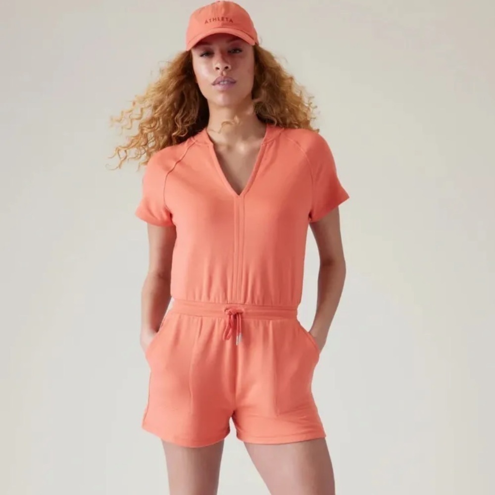 Athleta Balance Romper Soft Tencel In A Peachy Orange Color